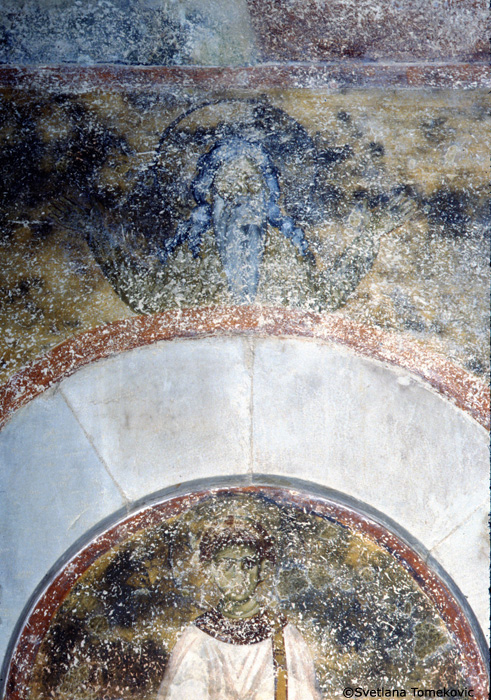 Fresco, narthex, south wall showing hermit saint above door and Stephen Nemanya as Saint Simeon in lunette
