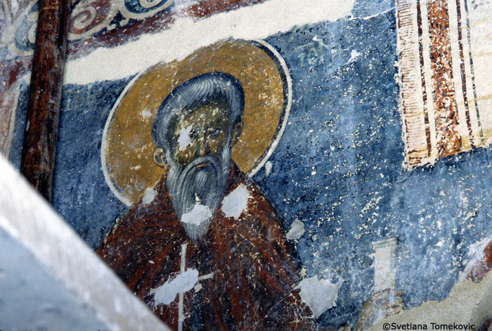 Fresco, Chapel of Stephen Protomartyr, west wall, showing a monk saint