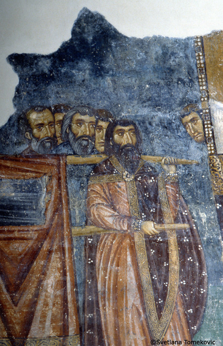 Fresco, narthex, south chapel, north wall showing Stephen Nemanya: Translation of Relics (detail)