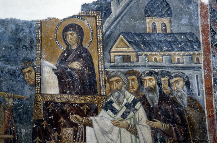 Fresco, narthex, south chapel, north wall showing Stephen Nemanya: Translation of Relics (detail)