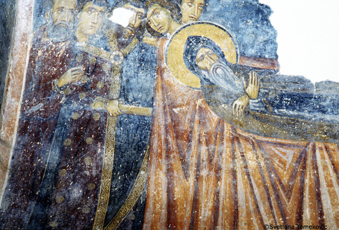 Fresco, narthex, south chapel, north wall, showing Stephen Nemanya: Translation of Relics (detail)