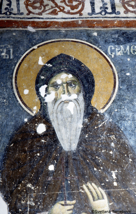 Fresco, narthex, south chapel, north wall showing 3) Stephen Nemanya as Saint Simeon (detail)