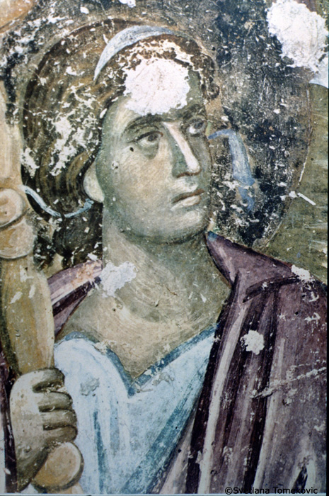 Fresco, nave, west bay, west wall, showing detail of angel, Virgin Mary: Death (Dormition)