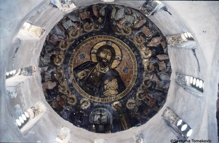 Fresco, cupola showing Christ Pantocrator, Etimasia, Virgin Mary, John the Baptist and other surrounding figures