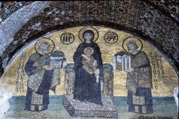 South-West Portal, Tympanum, Mosaic showing Virgin Mary and Christ Child flanked by Justinian I and Constantine I.