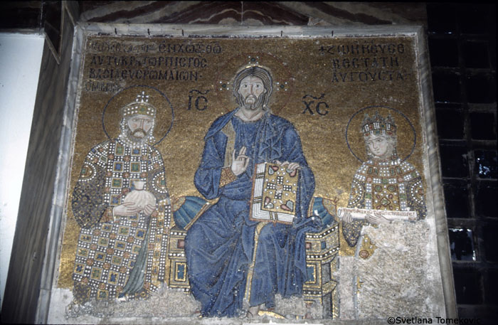 Interior, Gallery, East Wall, Mosaic showing Christ flanked by Constantine IX Monomachus and Empress Zoe