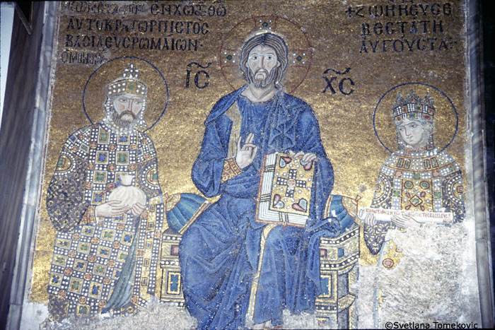 Interior, Gallery, East Wall, Mosainc showing Christ flanked by Constantine IX Monomachus and Empress Zoe