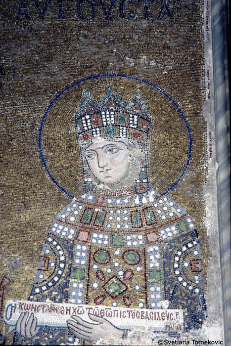 Interior, Gallery, East Wall, Mosainc showing Christ flanked by Constantine IX Monomachus and Empress Zoe (Detail of Empress Zoe)