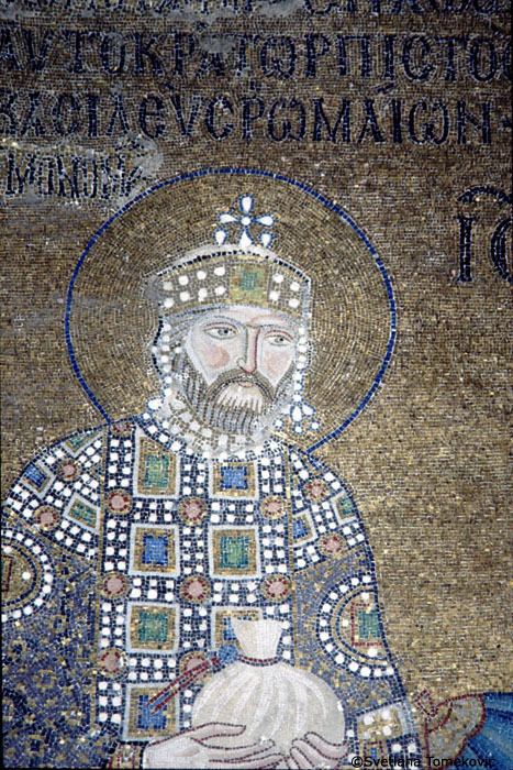 Interior, Gallery, East Wall, Mosainc showing Christ flanked by Constantine IX Monomachus and Empress Zoe (Detail of Constantine IX)