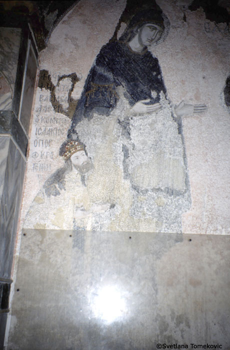 Esonarthex, East Wall below South Dome, Mosaic showing Deesis (Detail of Isaac Comnenos kneeling beside Virgin Mary)