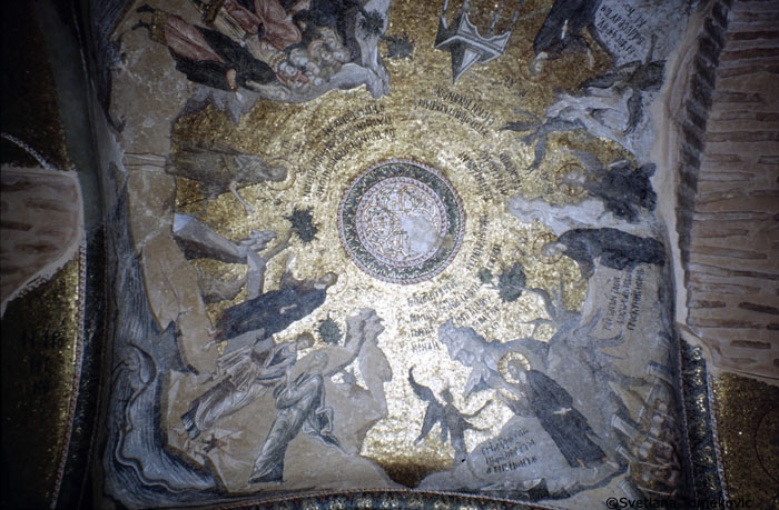 Exonarthex, Dome 2, Mosaic showing: 1. John Baptist bearing Witness; 2. Temptations of Christ