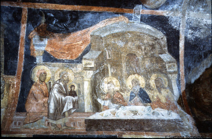 Fresco. south aisle, north elevation, showing Benediction of the infant Virgin Mary by the temple High Priests. The infant is held by Anna and Joachim.