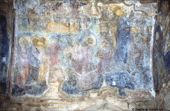 Fresco, narthex, southwest, east side, vault, showing Miracle of Christ