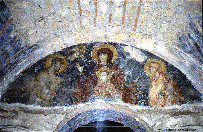 Fresco, narthex, showing Virgin Mary and Christ Child flanked by two Angels, Joachim and Anna