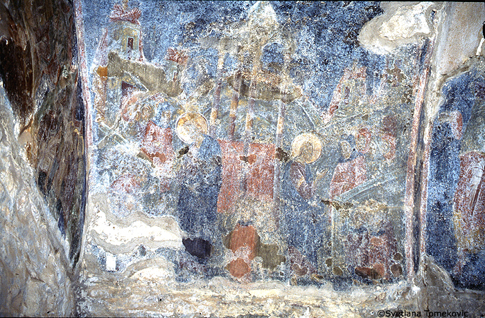 Fresco, narthex, vault, southwest, toward west, showing Miracles of Christ