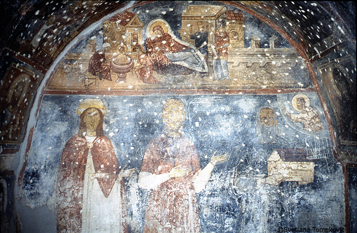 Narthex, north wall, fresco, showing Christ: Nativity, Donors