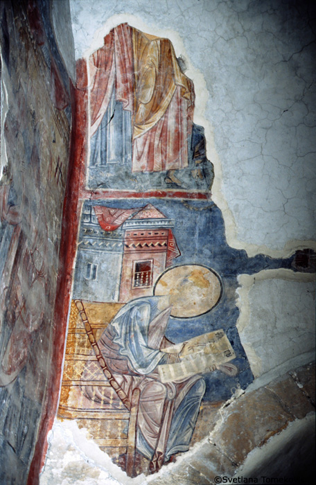 Fresco, entrance, showing Evangelist Mark