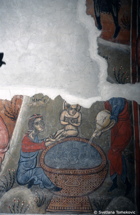 Fresco showing the Nativity (bathing of the child)