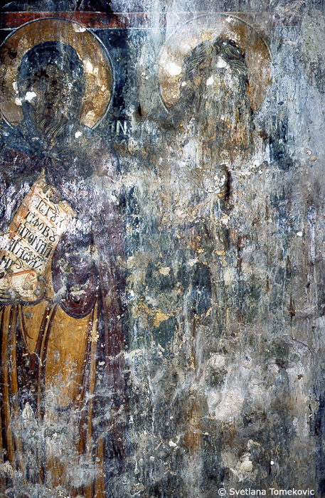 Wall, north, fresco showing Anthony and ?, detail