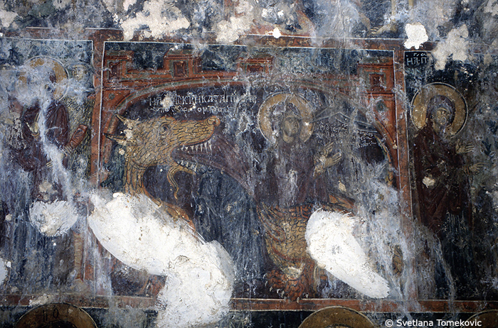 Wall, south, fresco, Scene no. 2 possibly showing Margaret of Antioch: Scene, emerging from Dragon