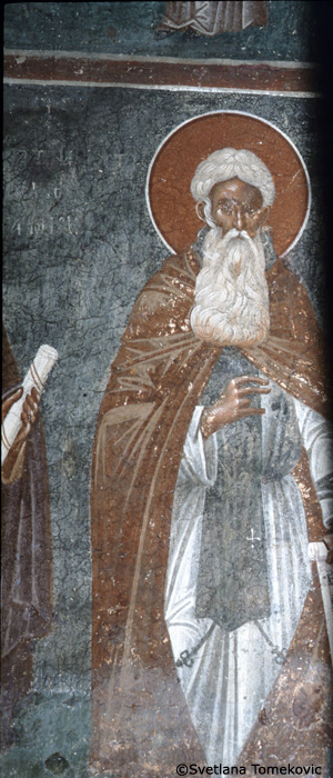 Fresco, wall, west showing saint