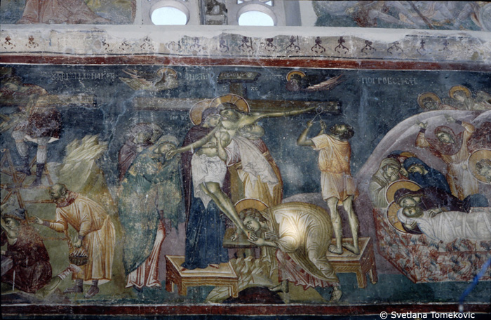 Fresco, wall, north, showing Christ: Deposition and Christ: Entombment