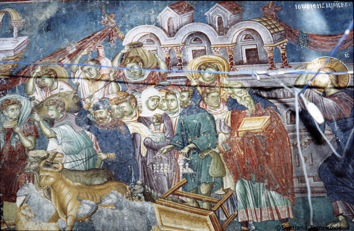 Fresco, wall, north, showing Christ: Purging of Temple