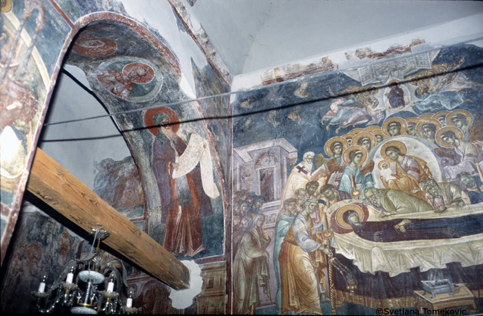 Fresco, wall, southwest section, showing Virgin Mary: Death (Dormition)