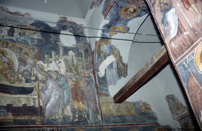 Fresco, wall, northwest section, showing Virgin Mary: Death (Dormition)