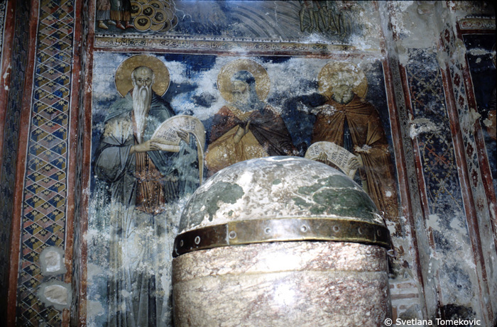 Fresco, narthex, south wall, possibly showing Euthymius, Anthony  and Sabas