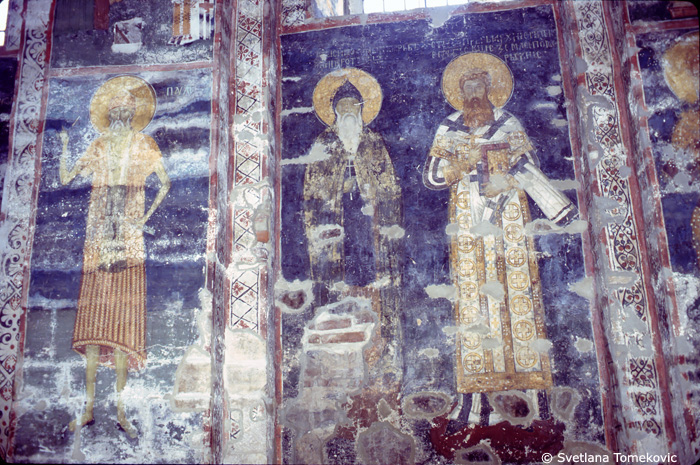 Fresco, Chapel of St. Nicholas,  showing Paul the Hermit (Paul of Thebes), Stephen Nemanya, and Sabas I of Serbia
