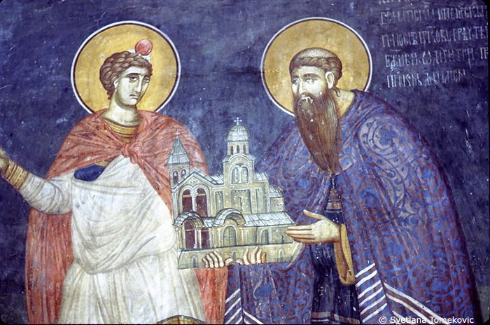 Fresco, showing Daniel and Danilo, holding model of church, detail