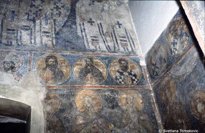 Fresco, west wall, Sts. Alexis, Peter de Puzrin(?), and bishop