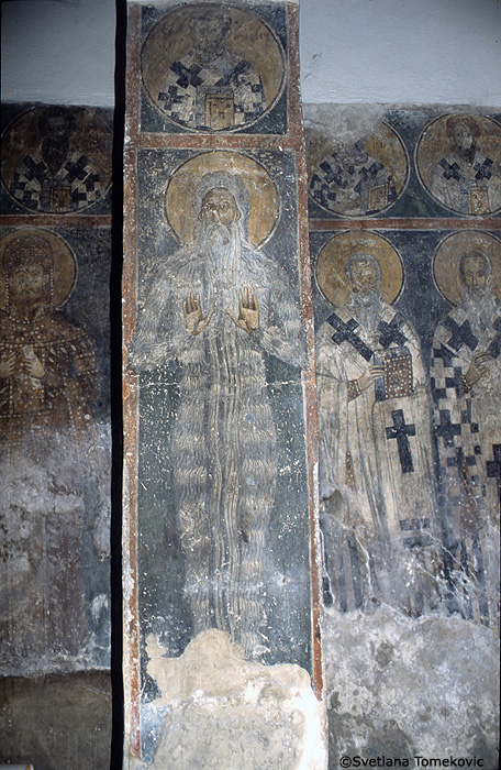 Fresco, west wall, north pilaster, St. Macaire(?)