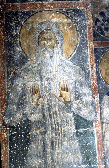 Fresco, west wall, north pilaster, St. Macaire(?)