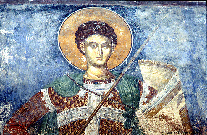 Fresco, west bay, south wall, showing saint, possibly Guenier