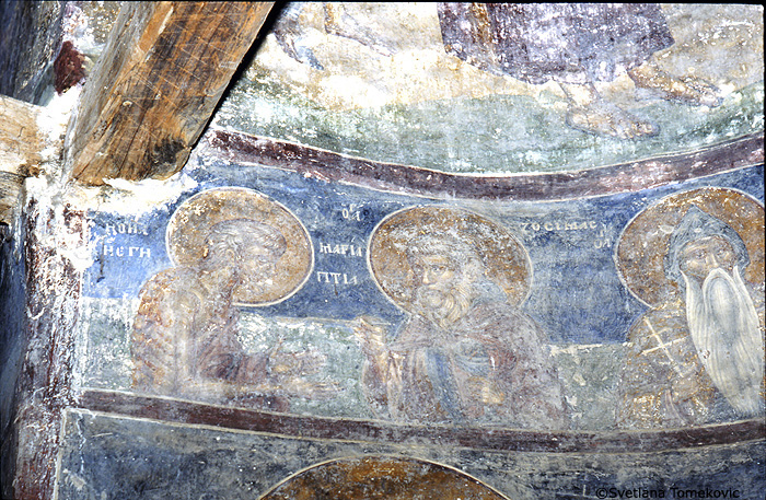 Fresco, showing saints, possibly Marie(?) and Zozimus