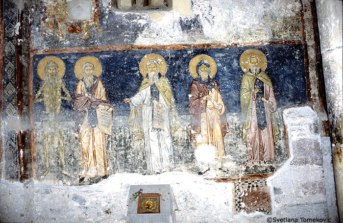 Fresco, north wall, showing five saints