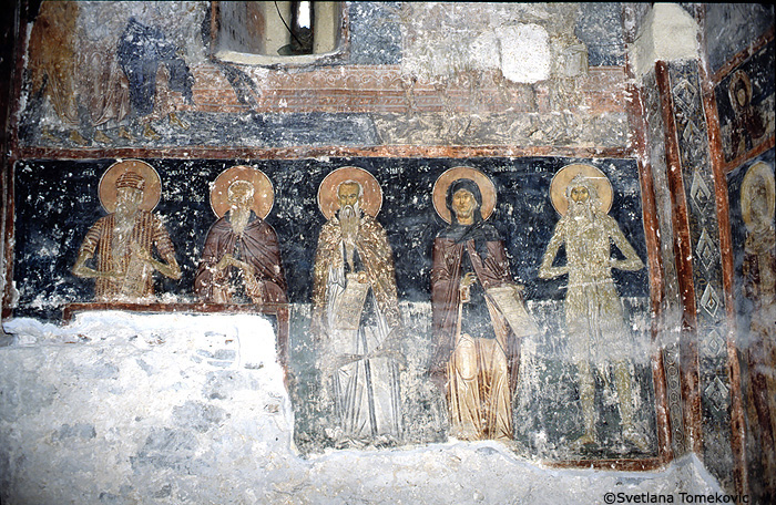 Fresco, south wall, showing five saints