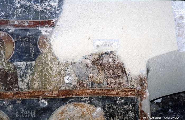 Fresco, west wall, south bay, showing two female saints