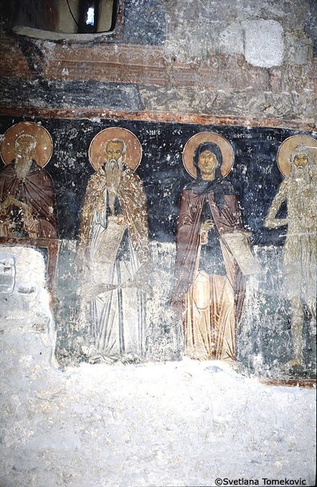 Fresco, south wall, showing Theodore, Ephrem of Edessa and Macarius of Alexandria