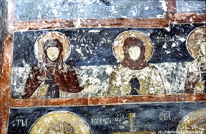 Fresco, west wall, south bay, showing female saints
