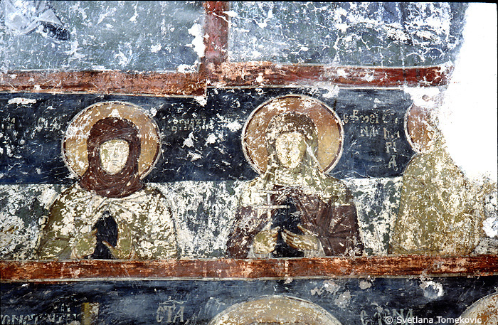 Fresco, west wall, south bay, showing female saints