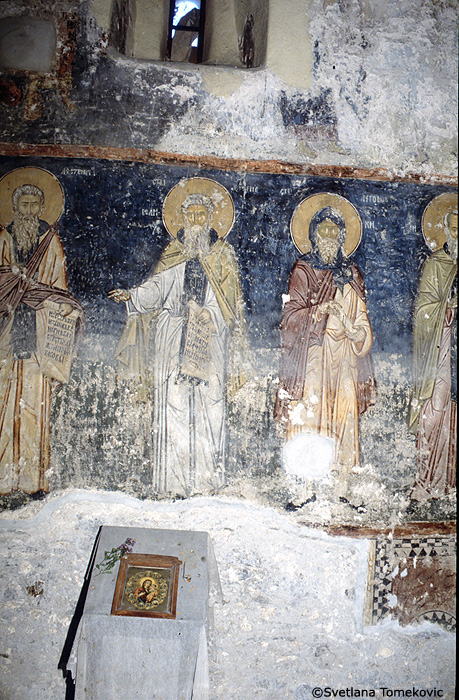 Fresco, north wall, possibly showing  Arsenius and Anthony Abbot the Great