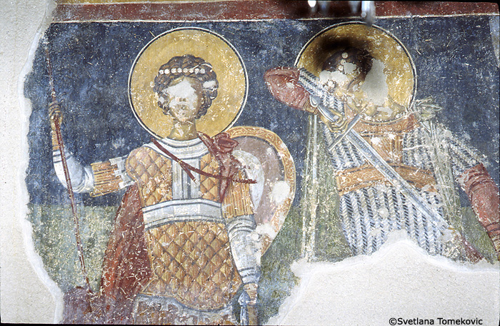 Fresco, south wall, showing two soldier saints