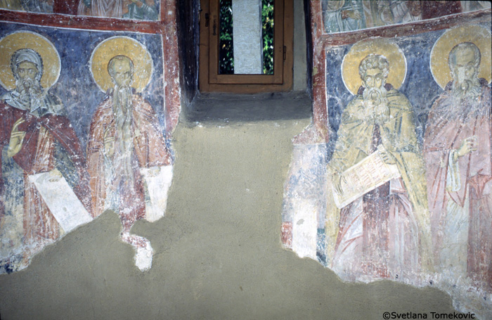 Fresco, south conch, showing Anthony, Euthymius, Arsenius and Sabas