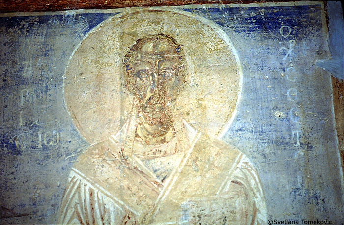 Fresco, north aisle, south wall, east end, showing John Chrysostom