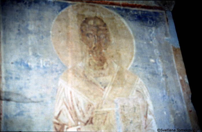 Fresco, north aisle, south wall, east end, showing John Chrysostom