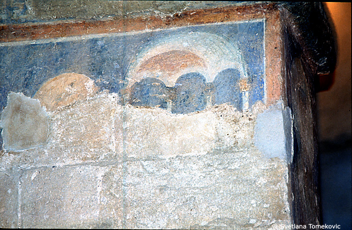 Fresco, central aisle, first pilaster, showing Evangelist, detail