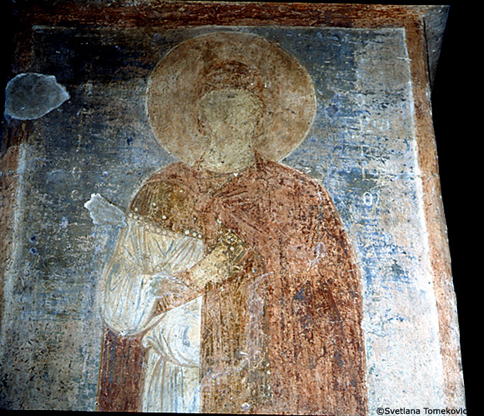 Fresco, south aisle, north wall, second pilaster, first register, showing Procopius of Caesarea (detail)